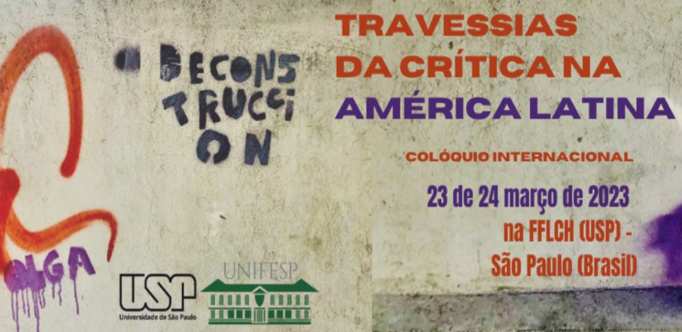 Banner de divulgação do colóquio, com informações gerais sobre uma foto de uma parede pixada e ornamentada.